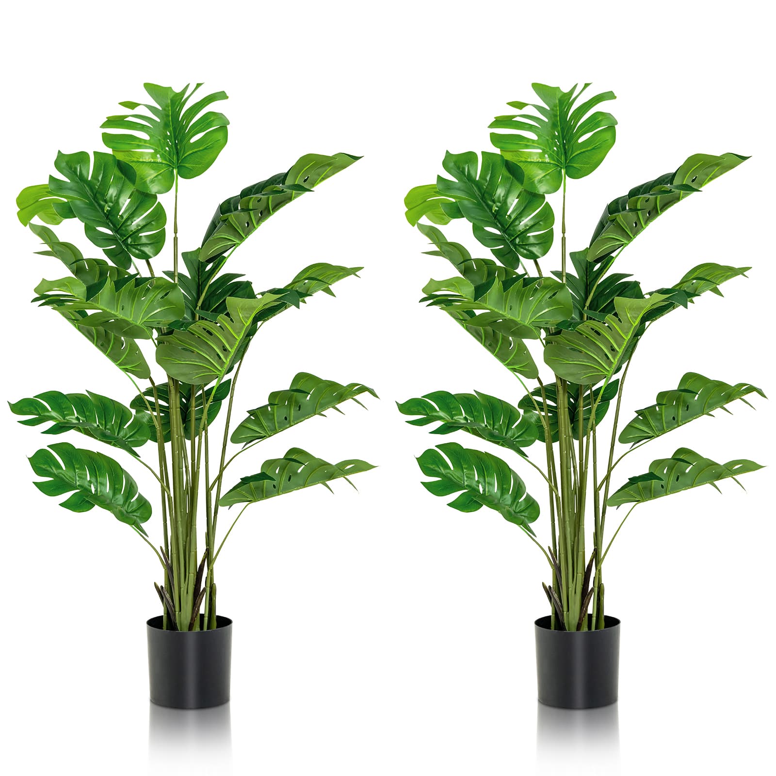 Costway - 2PCS 5ft Artificial Tree Fake Monstera Deliciosa Plant in Pot with 15 Split Leaves Faux Plant - Green,Black