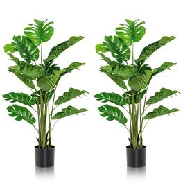Costway - 2PCS 5ft Artificial Tree Fake Monstera Deliciosa Plant in Pot with 15 Split Leaves Faux Plant - Green,Black