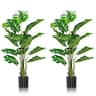 Costway - 2PCS 5ft Artificial Tree Fake Monstera Deliciosa Plant in Pot with 15 Split Leaves Faux Plant - Green,Black