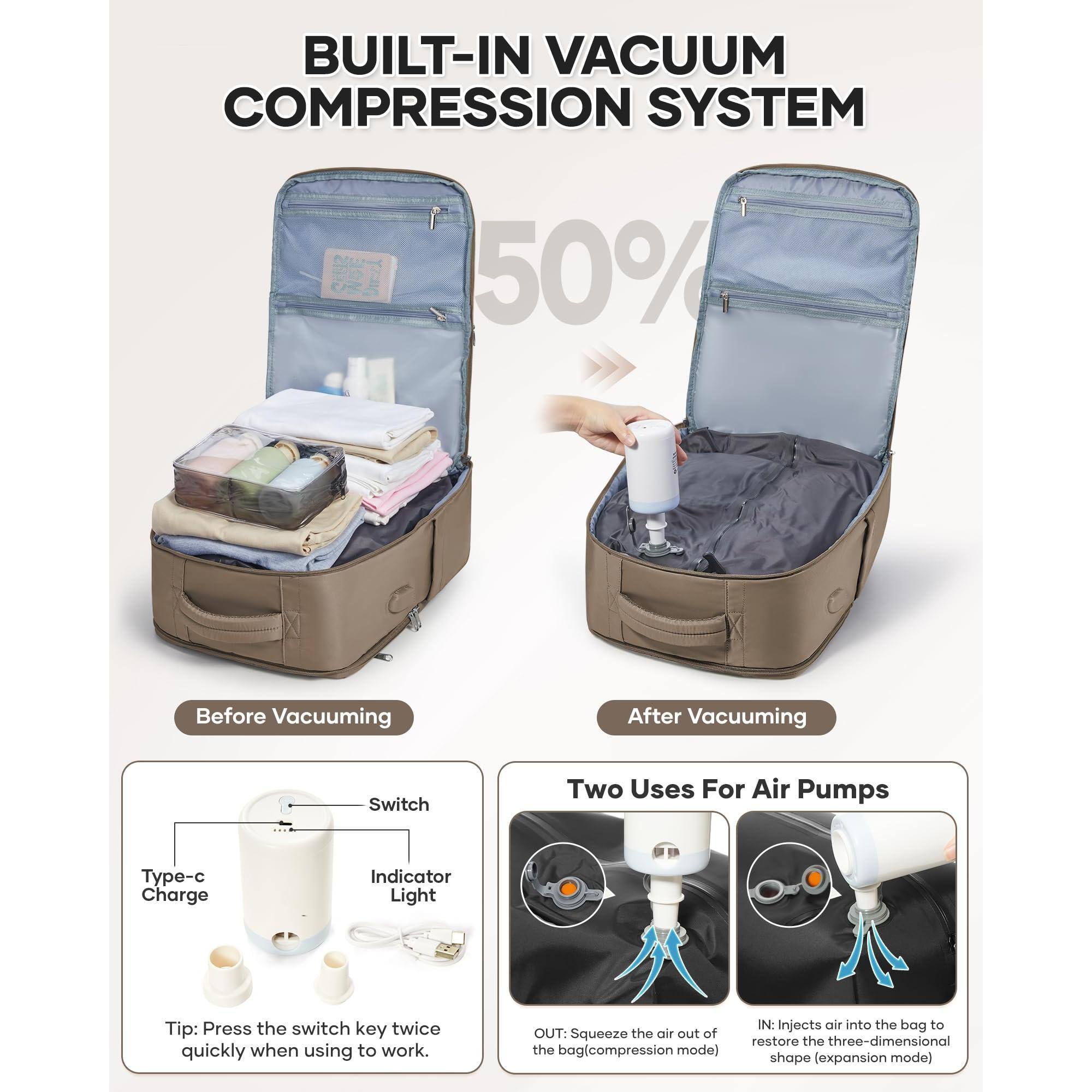 BUILT-IN VACUUM COMPRESSION SYSTEM

50%

Before Vacuuming

After Vacuuming

Two Uses For Air Pumps

Type-c Charge

Indicator Light

Tip: Press the switch key twice quickly when using to work.

OUT: Squeeze the air out of the bag (compression mode)

IN: Injects air into the bag to restore the three-dimensional shape (expansion mode)