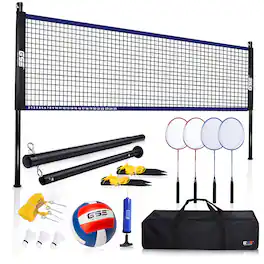 GSE Games & Sports Expert - Volleyball and Badminton Combo Set with Net,4 Rackets,3 Birds,PU Volleyball and Carrying Bag(Recreational) - Blue