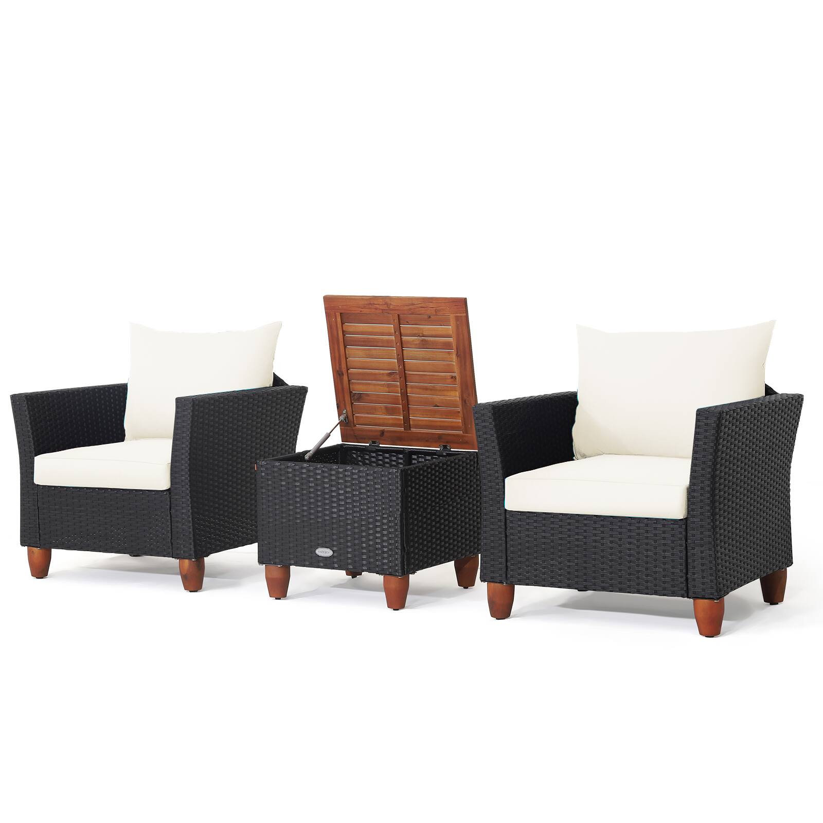 Gymax - 3PCS Rattan Furniture Set Cushioned Sofa Storage Table W/ Wood Top Patio White - Black