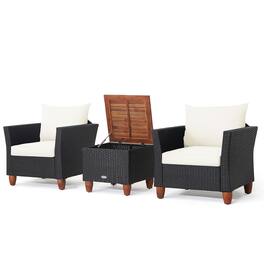 Gymax - 3PCS Rattan Furniture Set Cushioned Sofa Storage Table W/ Wood Top Patio White - Black