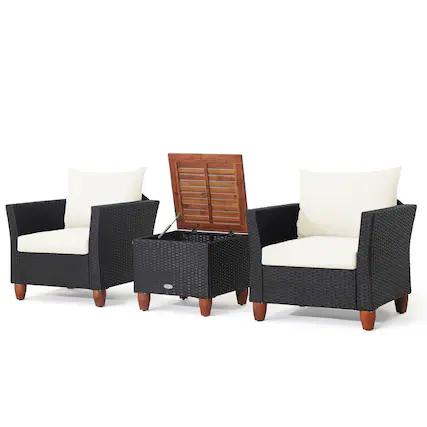 Front. Gymax - Gymax 3PCS Rattan Furniture Set Cushioned Sofa Storage Table W/ Wood Top Patio White - Black.