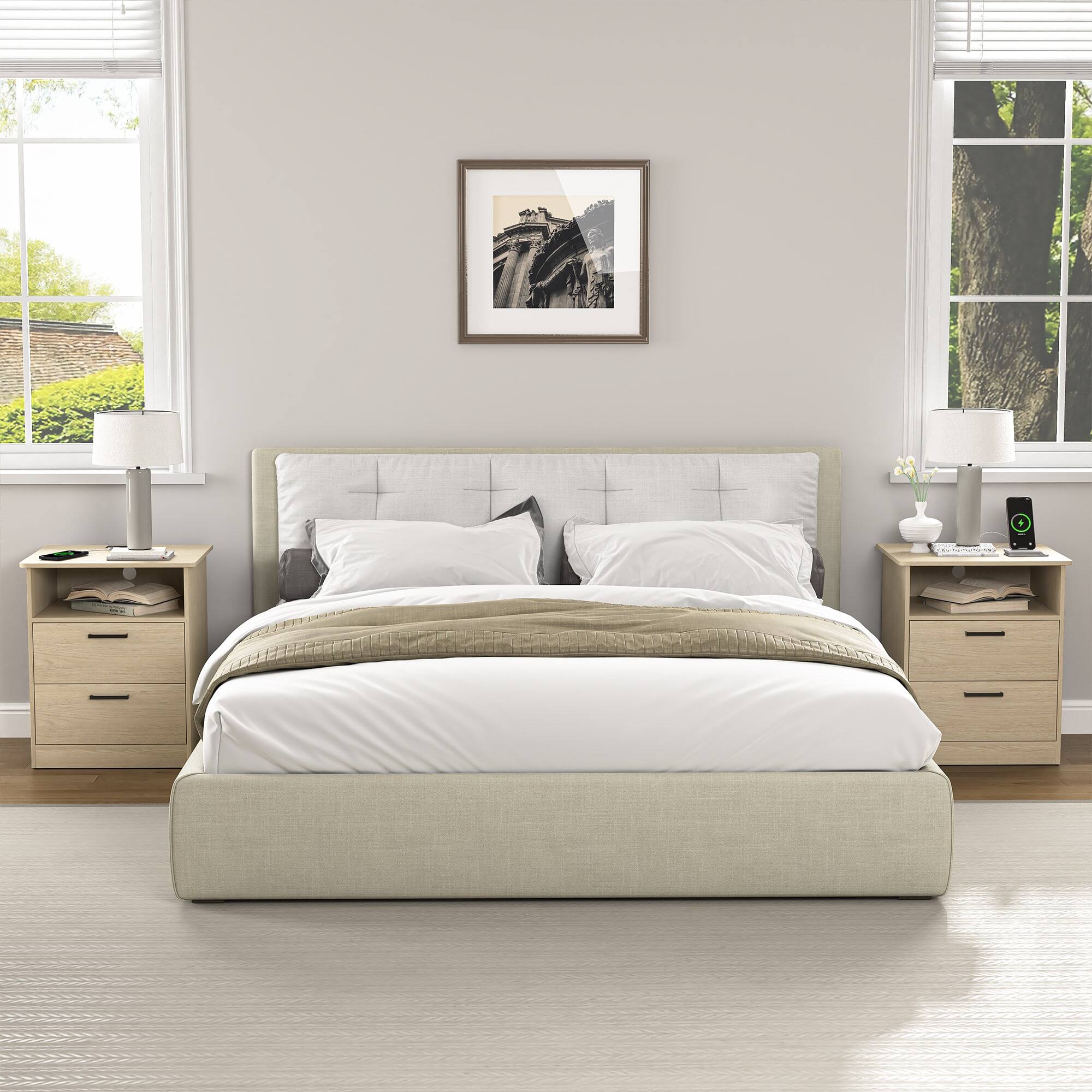 Alt View 1. Kadyn - Kadyn Wood Nightstand With Charging Station, Bedside Table With 2 Drawers, Bedroom, Light Brown - Light Brown.