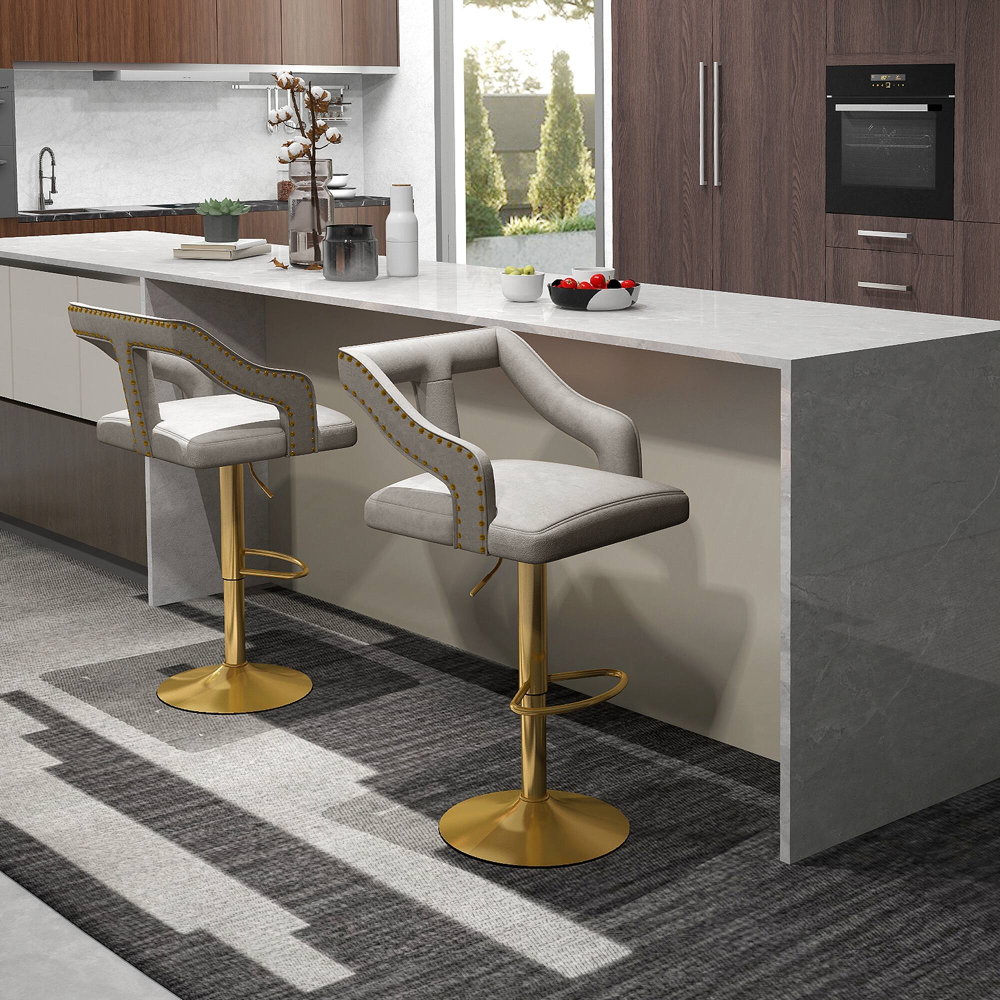 Alt View 1. Costway - Set of 2 Swivel Bar Stool with Footrest, 2-Layer Electroplated Metal Base - Gray & Gold.