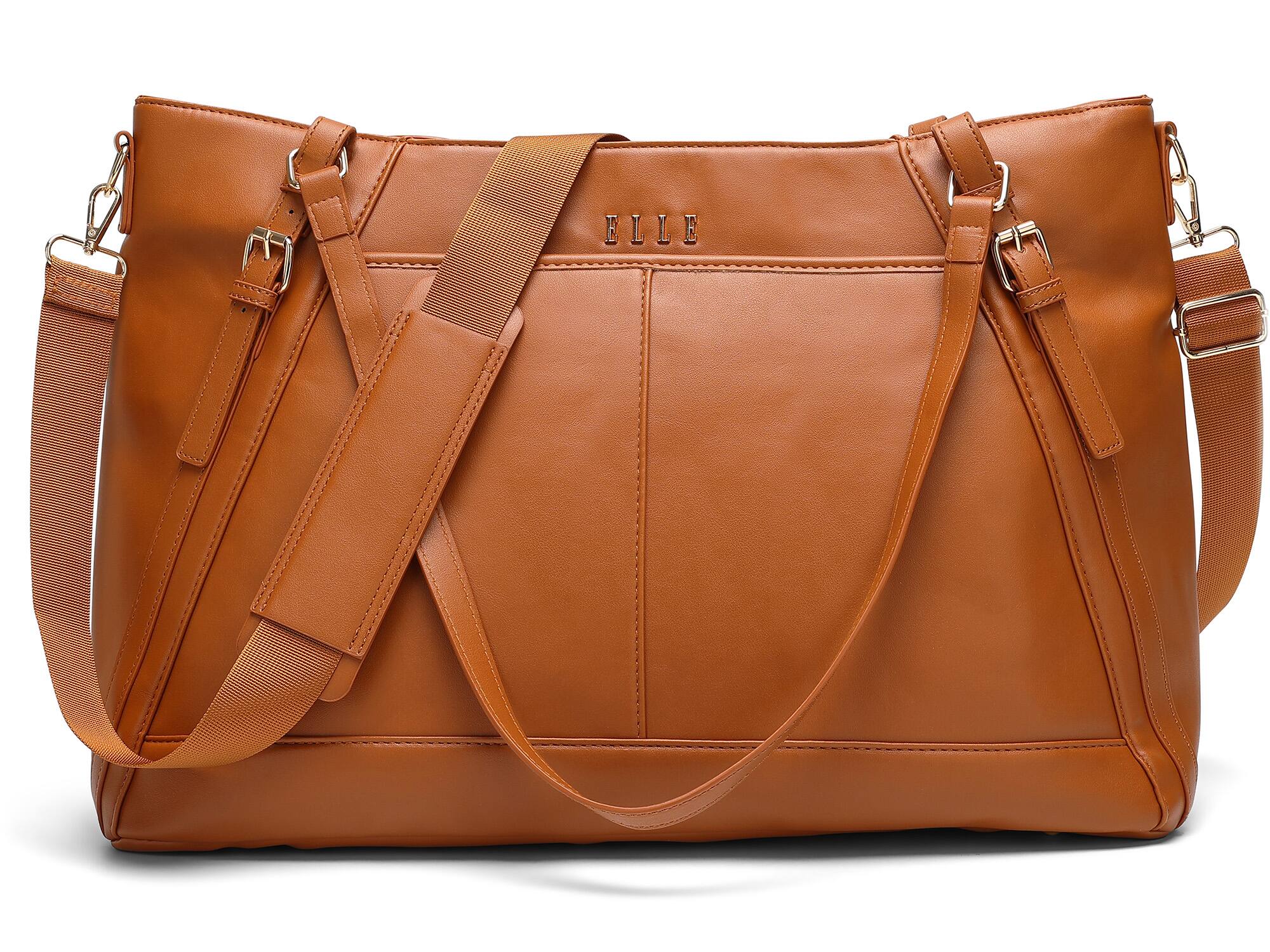 Front. Elle - ELLE Leisure Luxe 33L Vegan Leather Weekender Tote Bag | Brown - Brown.