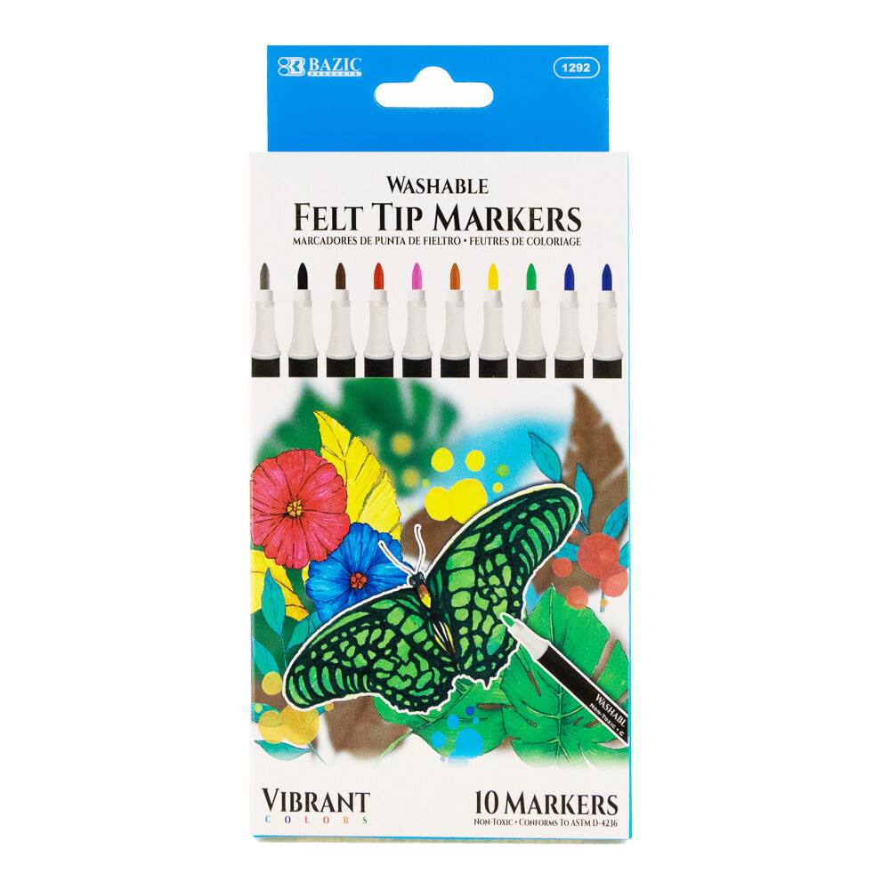 8 BAZIC WASHABLE FELT TIP MARKERS  
MARCADORES DE PUNTA DE FIELTRO  
FEUTRES DE COLORIAGE  
VIBRANT COLORS  
10 MARKERS  
NON-TOXIC - CONFORMS TO ASTM D-4236  
1292