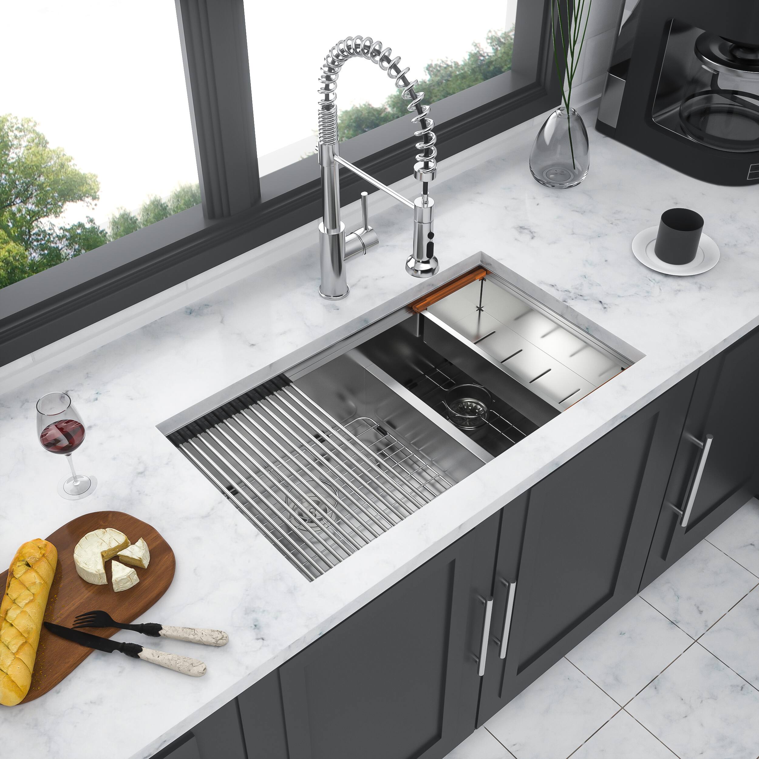Angle. Siljoy - Double Bowl(60/40) Undermount Sink- 33" x 19" x 10" Double Bowl Kitchen Sink 16 Gauge with Two 10" Deep Basin - Brushed Nickel.