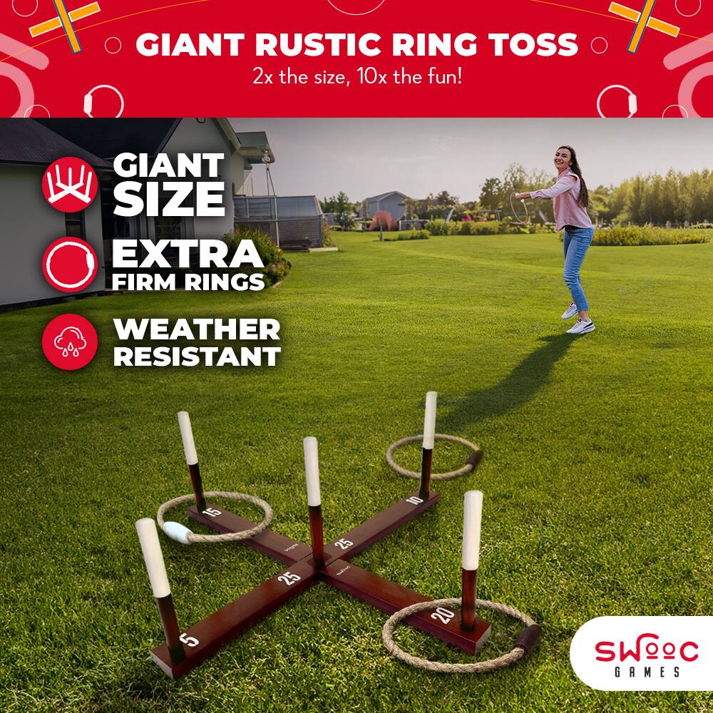 GIANT RUSTIC RING TOSS  
2x the size, 10x the fun!  

GIANT SIZE  
EXTRA FIRM RINGS  
WEATHER RESISTANT  

SWC GAMES