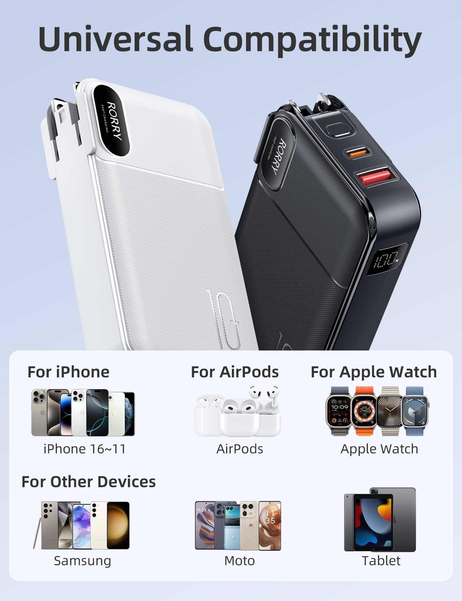 Universal Compatibility

FAST CHARGING RORRY

For iPhone
iPhone 16~11

For AirPods
AirPods

For Apple Watch
Apple Watch

For Other Devices
Samsung
Moto
Tablet