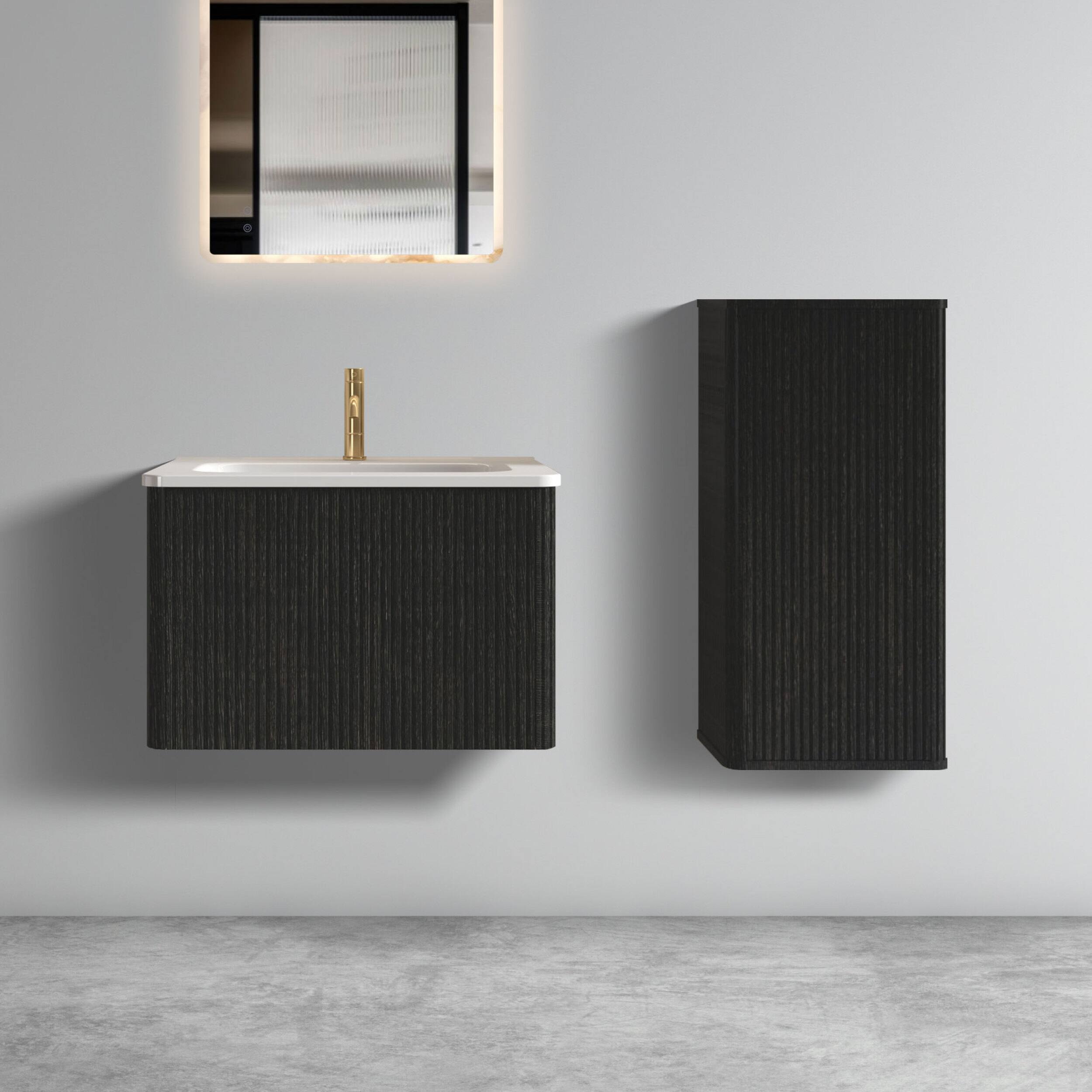 Left. ELEMENT ACE - Modern Floating Bathroom Vanity with Integrated Ceramic Sink and Spacious Storage - Black.