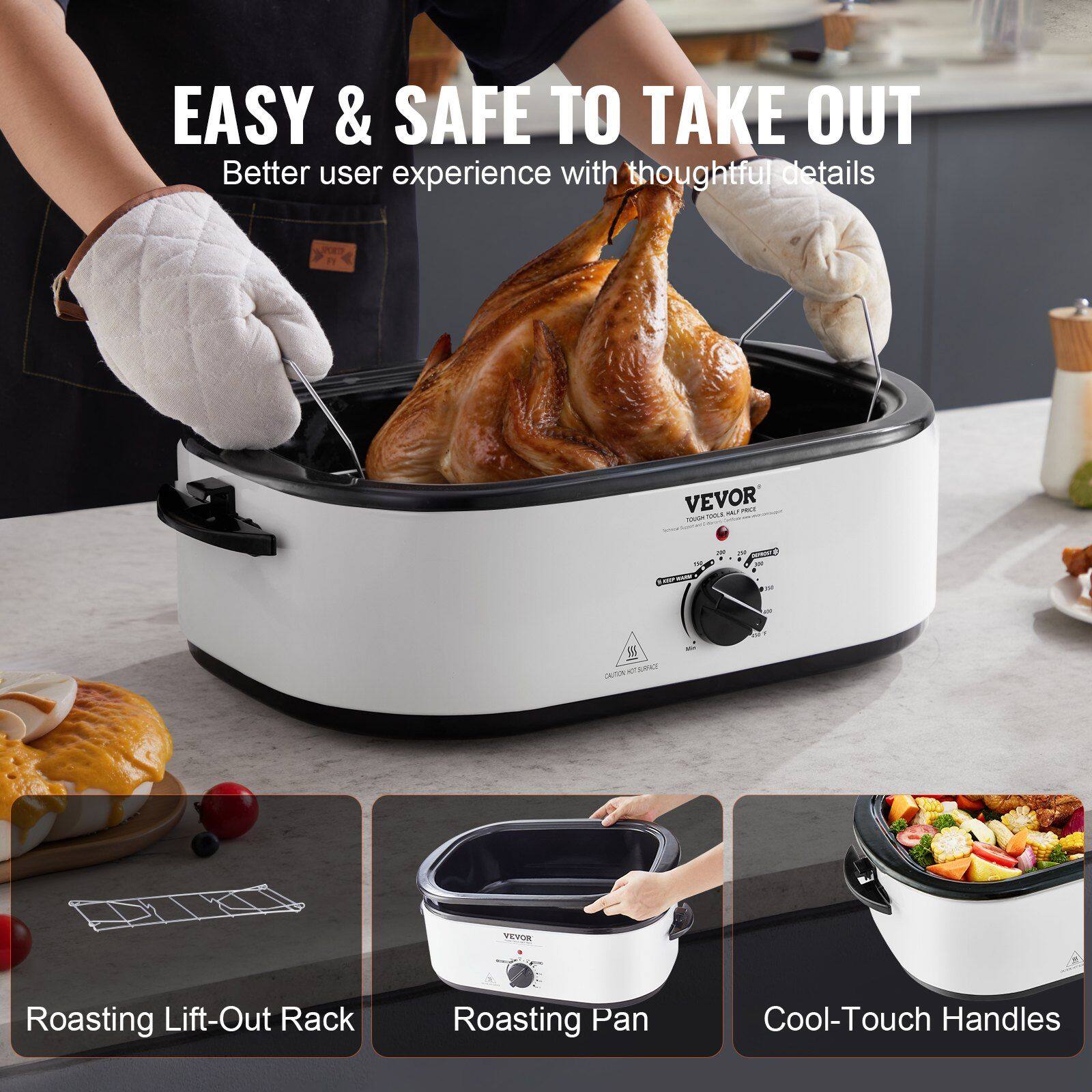 EASY & SAFE TO TAKE OUT  
Better user experience with thoughtful details  

VEVOR  
Roasting Lift-Out Rack  
Roasting Pan  
Cool-Touch Handles