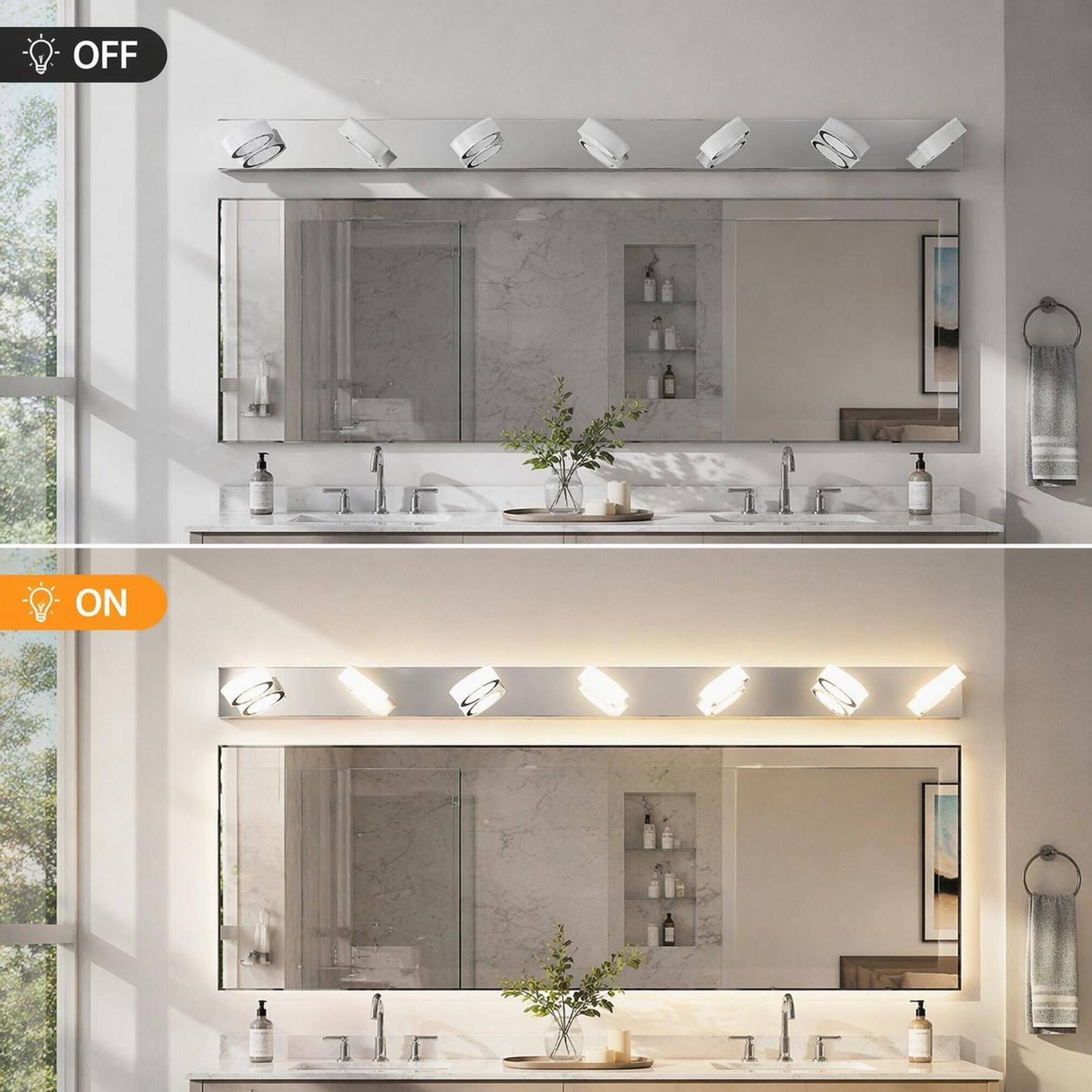 Back. RYHNUYNE - Modern 7‑Light Vanity Light,52 " Rotating Oval Acrylic LED Bathroom Wall Light for Bath Dressing Room - Chrome.