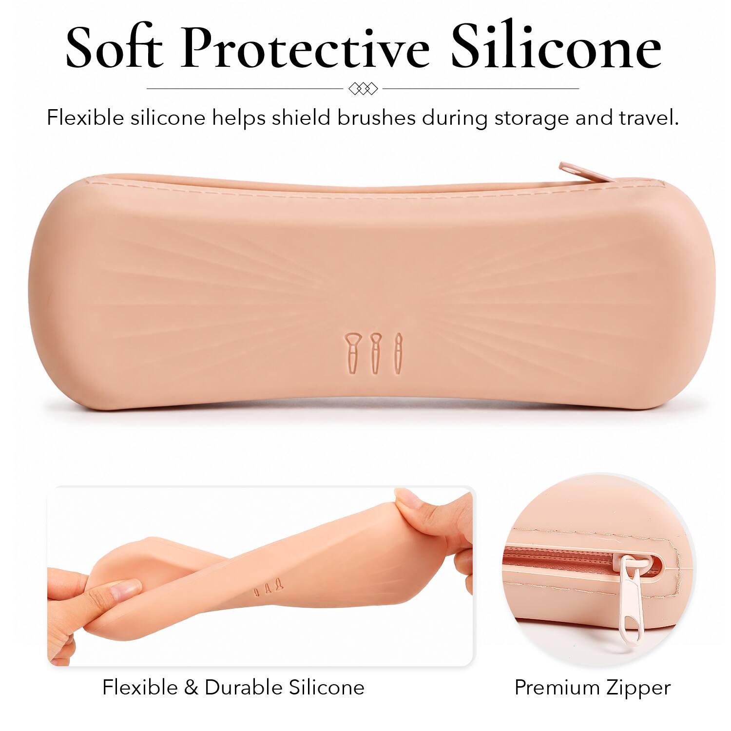 Soft Protective Silicone  
Flexible silicone helps shield brushes during storage and travel.  

Flexible & Durable Silicone  

Premium Zipper