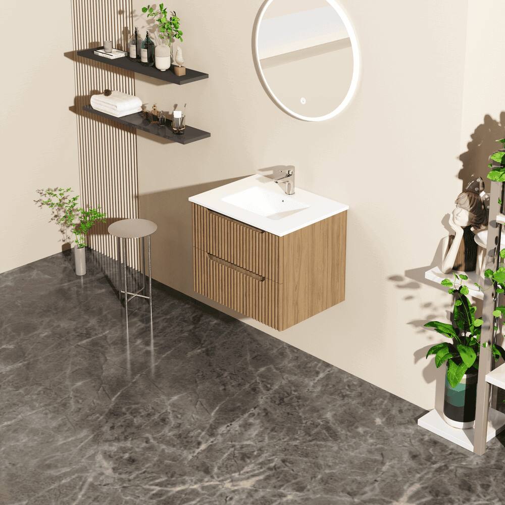 Angle. Kadyn - 24" Wall-Mount Floating Bathroom Vanity Cabinet - White Basin Sink Combo, Walnut - Brown.