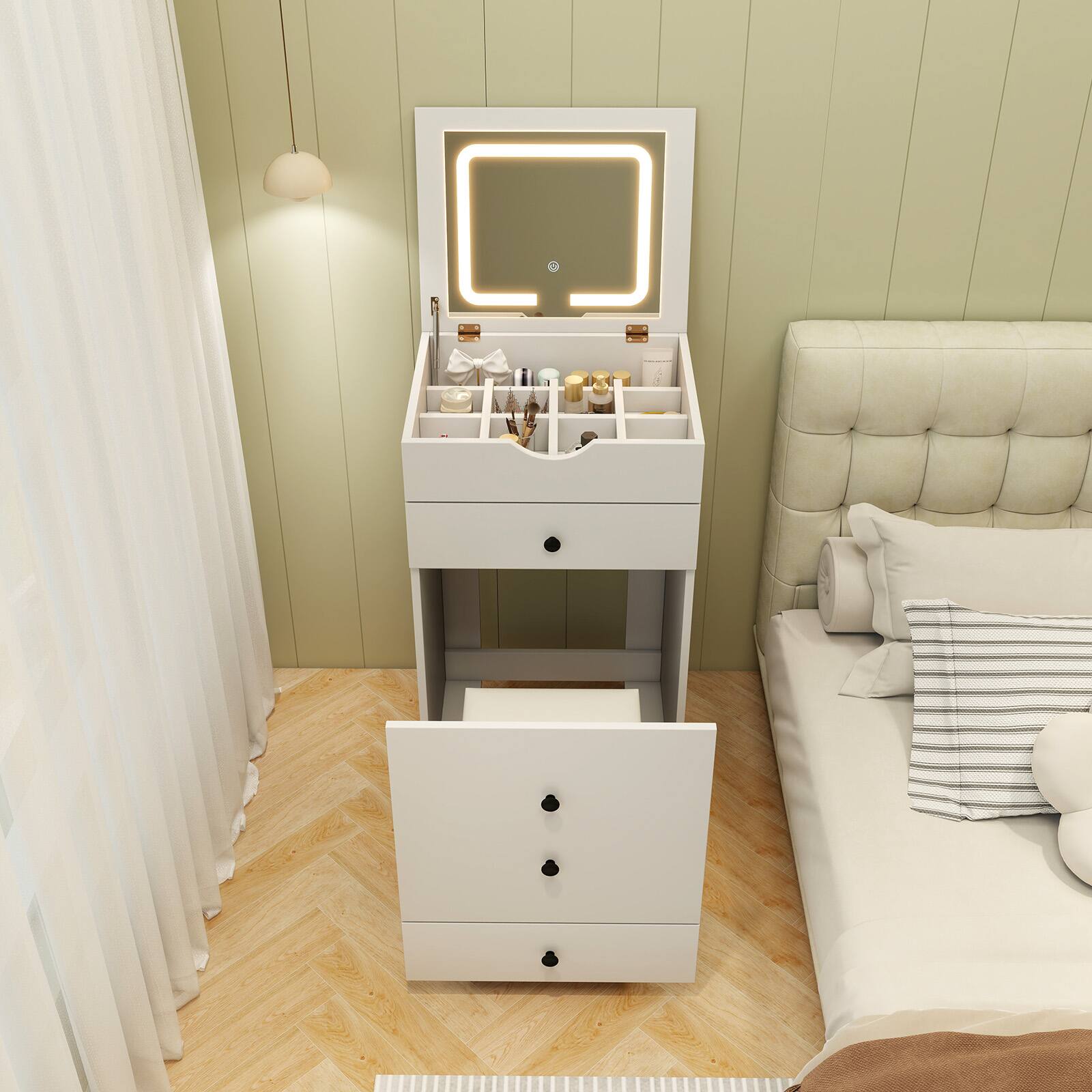 Alt View 2. SlickBlue - Vanity Table Set with Flip-up Mirror, Stool, and Storage Space - White.