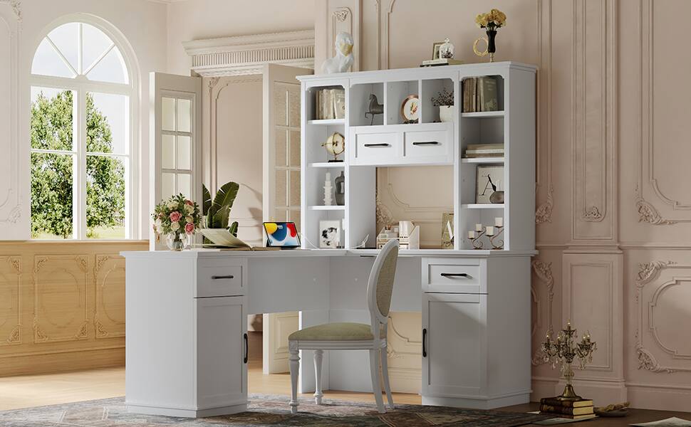 Alt View 9. Tiramisubest - L-Shaped Computer Desk with 2 Cabinets and 2 Drawers,11 Open Shelves with Outlet,for Study,Living Room and Office,White - White.