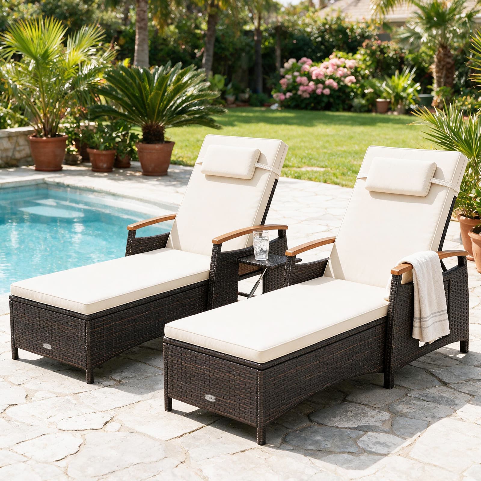 Costway - 2 PCS Patio Chaise Lounge with 7-Level Adjustable Backrest, Removable Cushion - Mix Brown,Beige