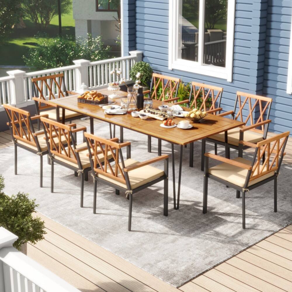 Left. Mondawe - Acacia Wood Outdoor Furniture Set 9 Pieces Patio Dining Set with 8 Chairs - Natural + Black.