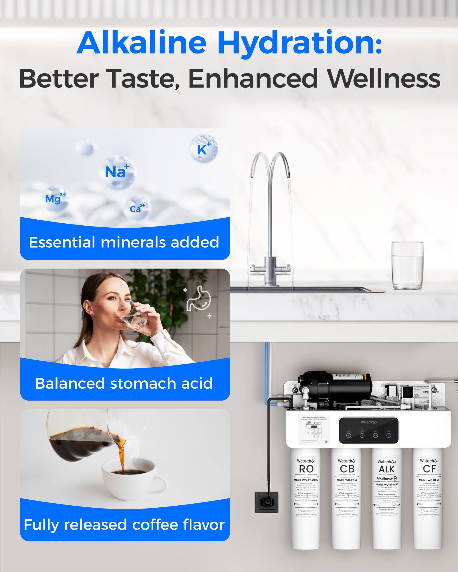 Alkaline Hydration: Better Taste, Enhanced Wellness

- Essential minerals added: Na⁺, K⁺, Mg²⁺, Ca²⁺
- Balanced stomach acid
- Fully released coffee flavor
