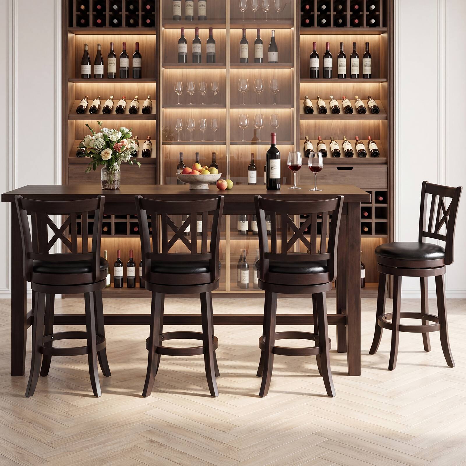 Alt View 3. Gymax - Gymax Set of 4 Bar Stools 26'' Swivel Bar Chairs w/ Footrest Hollowed Backrest - Brown.
