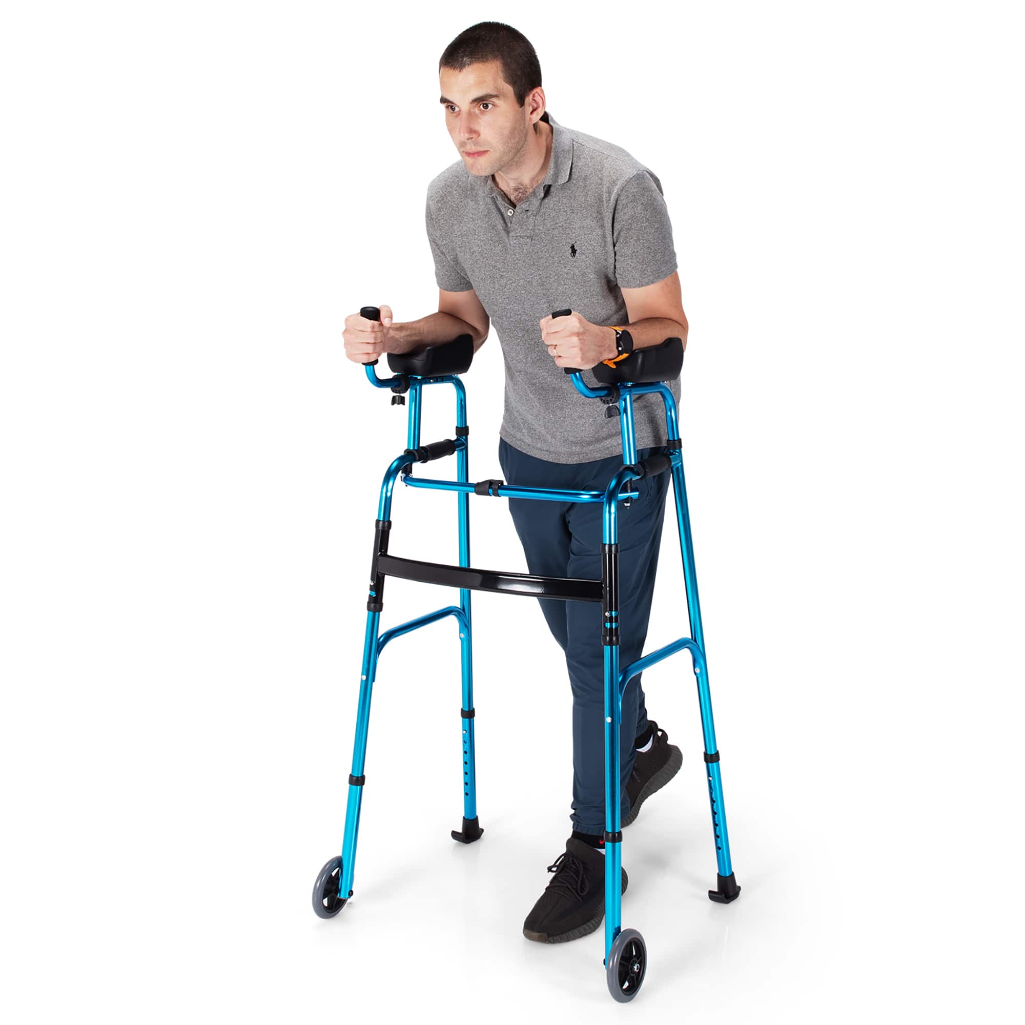 Front. Costway - Costway Folding Aluminum Alloy Wheel Walking Frame Adjustable Walker with Armrest Support Blue - Blue+ Black.