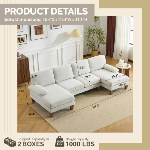 **PRODUCT DETAILS**

- **Sofa Dimensions:** 48.4"D x 111.4"W x 33.3"H
  - Seat Depth: 16.5"
  - Arm Height: 5.9"
  - Seat Height: 20.9"
  - Armrest Width: 25.2"
  - Seat Width: 20.4"
  - Overall Height: 33.1"
  - Overall Width: 111.4"
  - Overall Depth: 48.4"

- **Shipped separately in 2 BOXES**

- **Weight Capacity:** 1000 LBS