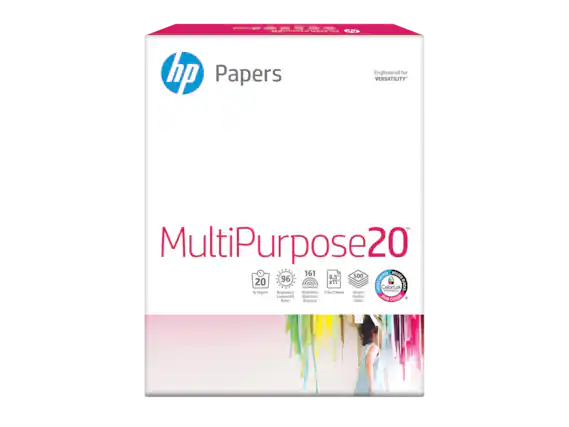- HP Papers
- Engineered for Versatility
- MultiPurpose 20
- 20 lb/75g/m²
- 96 Brightness
- 161 Whiteness
- 8.5 x 11" (216x279mm)
- 500 Sheets
- ColorLok
- Vivid Colors
- Luminosité Blancheur Brillo Brilho Bril
- Feuilles Hojas