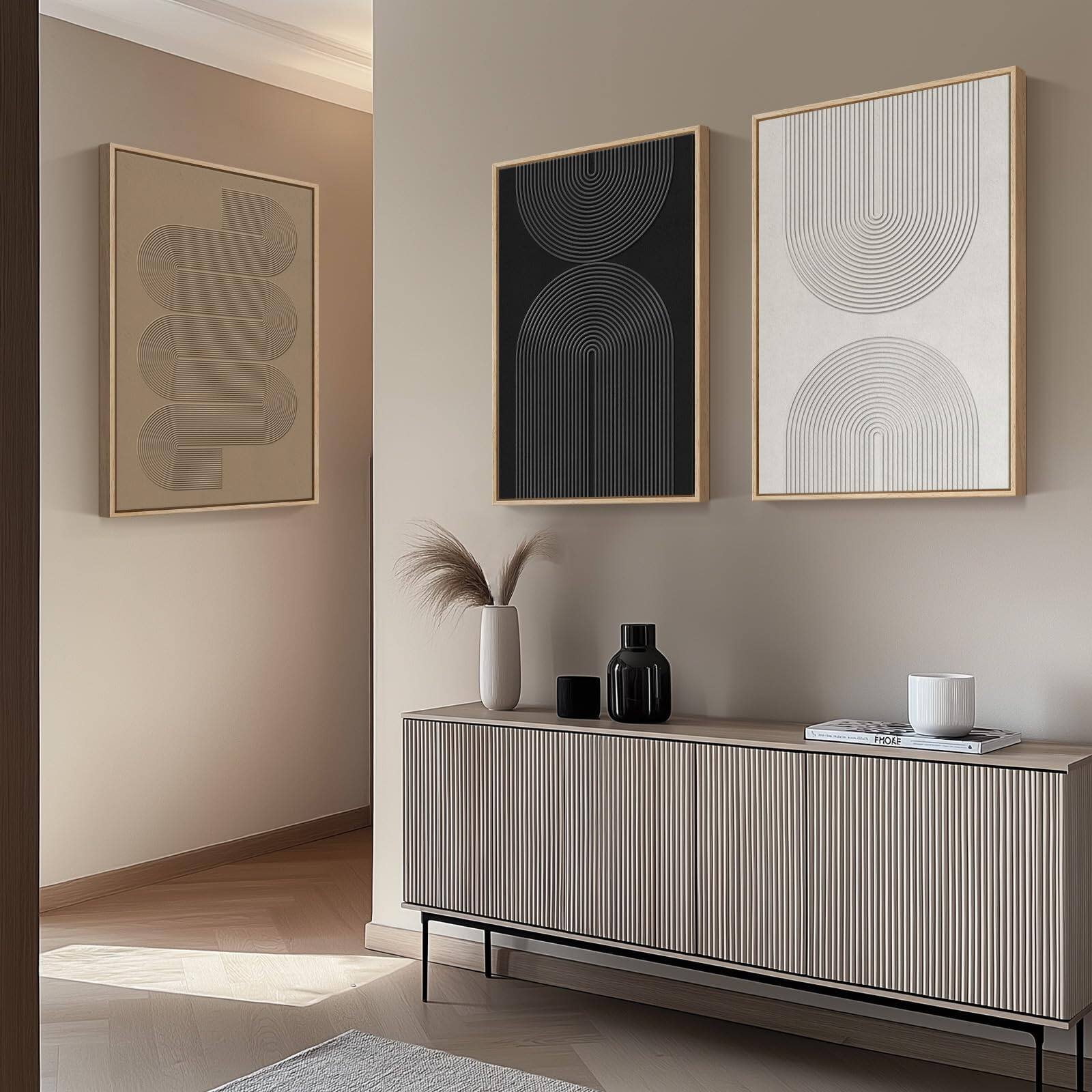 Alt View 1. Hirose Alice - Large Framed Black and White Neutral Abstract Wall Art Minimalist Canvas Prints Paintings Artwork for Walls - Geometric - D 20" W x 30" H x 3Pcs.