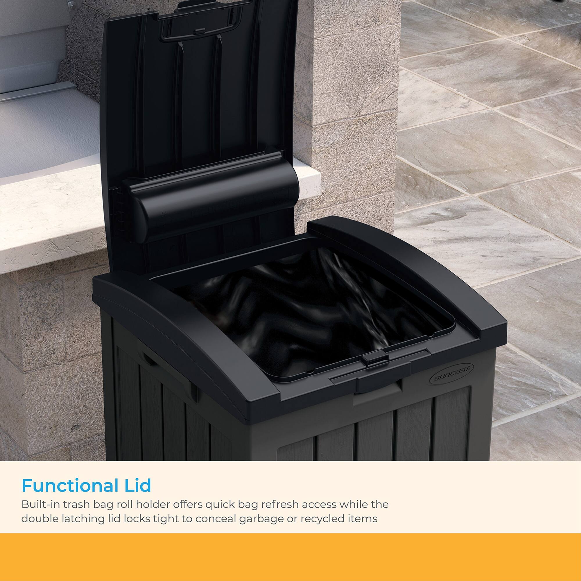 Functional Lid

Built-in trash bag roll holder offers quick bag refresh access while the double latching lid locks tight to conceal garbage or recycled items