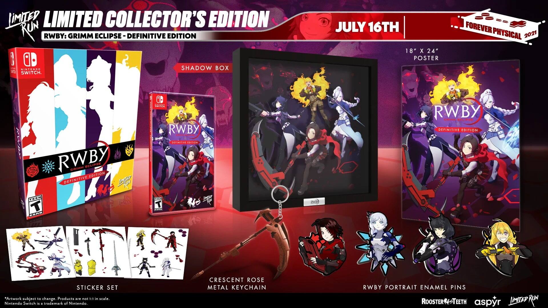 LIMITED RUN LIMITED COLLECTOR'S EDITION RWBY: GRIMM ECLIPSE - DEFINITIVE EDITION - NINTENDO SWITCH. JULY 16TH 18" X 24" POSTER FOREVER PHYSICAL 2021. RWBY CRIMM ECLIPSE EDITION DEFINITIVE. Nintendo Switch is a trademark of Nintendo. CRESCENT ROSE METAL KEYCHAIN RWBY PORTRAIT ENAMEL PINS ROOSTER TEETH aspyr LIMITED RUN