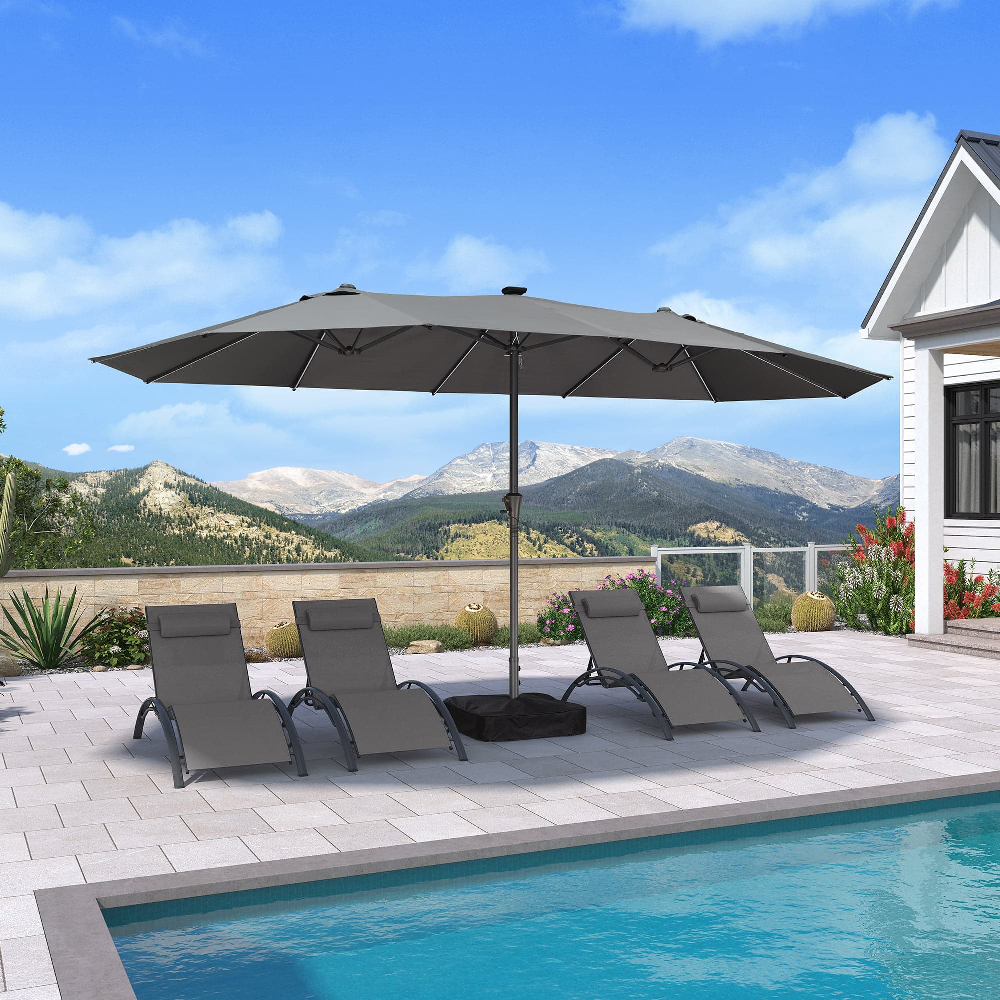 Alt View 1. PURPLE LEAF - 15 ft. Patio Market Umbrella with Solar LED and Base Double-Sided Outdoor Table Sun Umbrellas for Pool Deck Backyard - Light Gray.