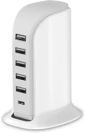 Front. Core Tech - 40W 5-Port USB Charging Station with USB-C Fast Charging for Smartphones, Tablets & Devices - Black.
