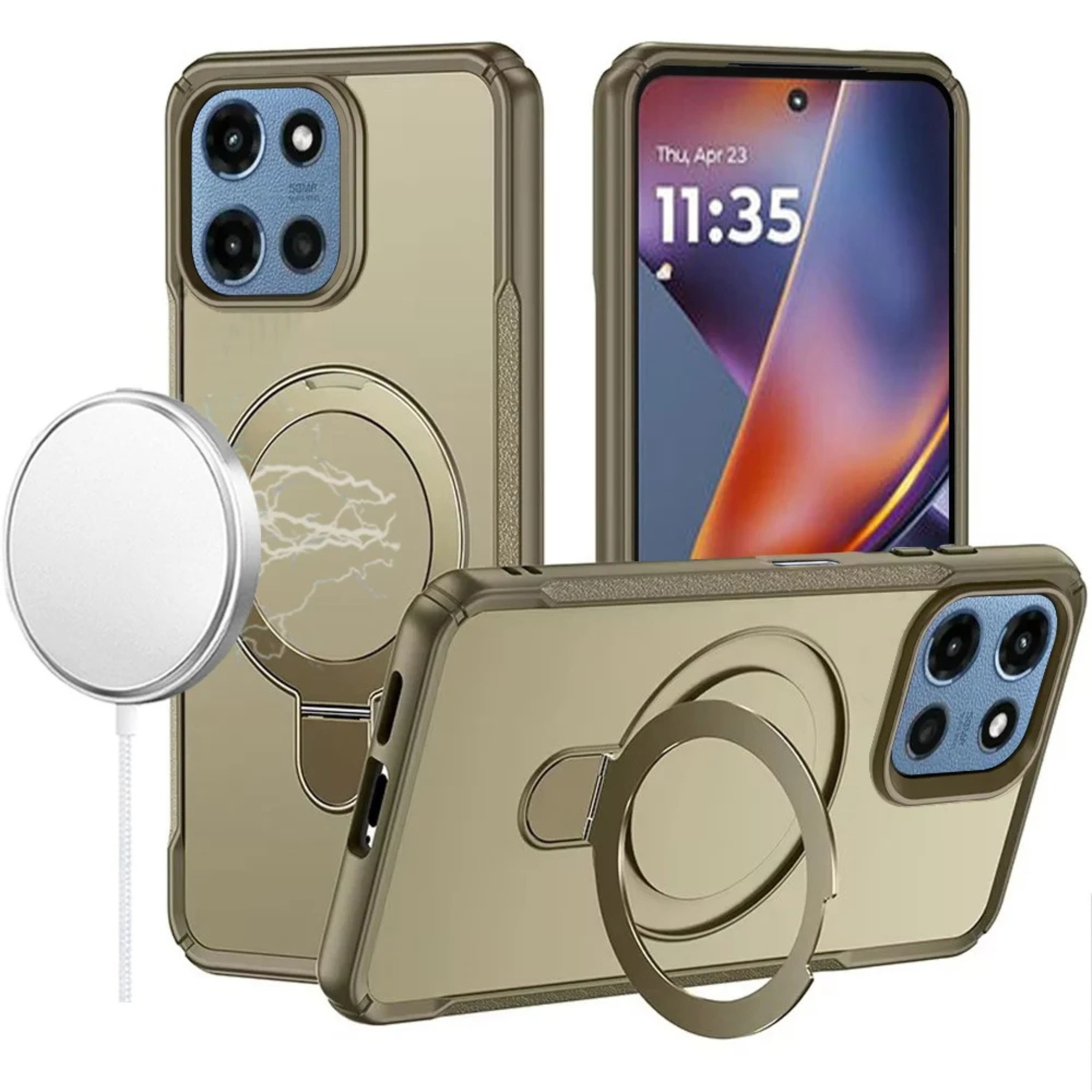Kitcheniva - Magnet Circle Stand Matte Phone Case With Tempered Glass For Moto G 2025/2026/G Play 2026 - Khaki