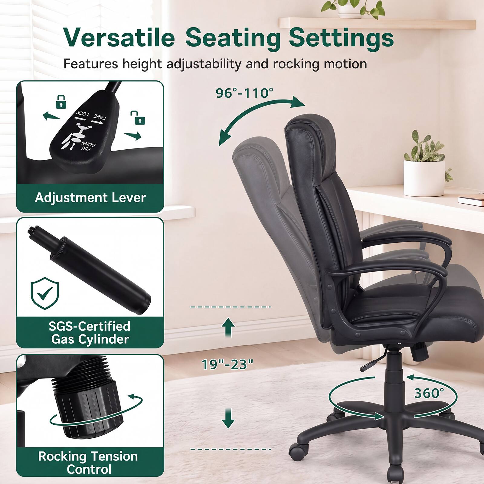 Costway Faux Leather Office Chair with Rocking Function, Height ...