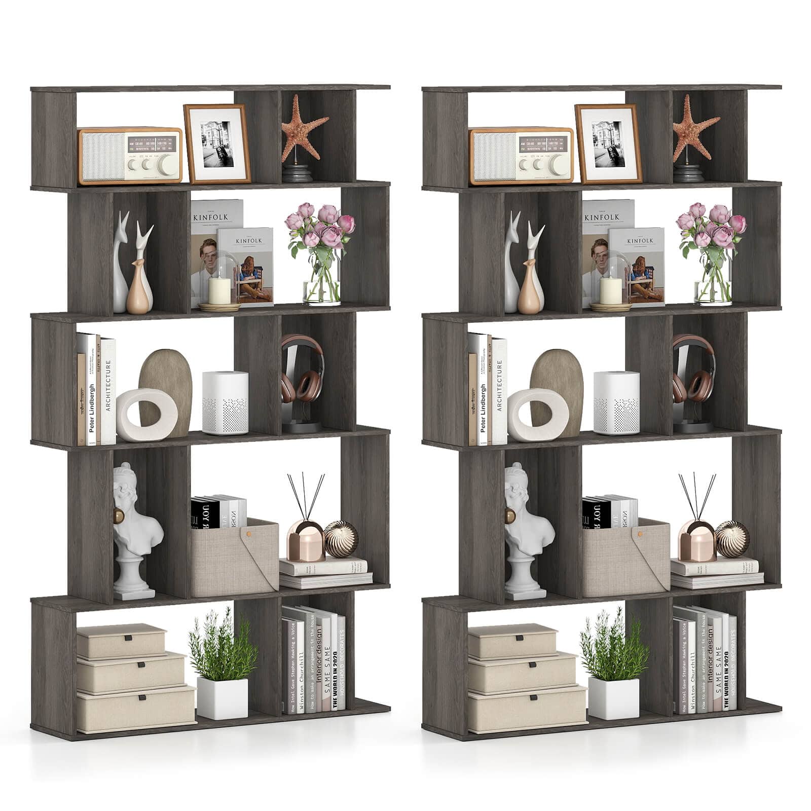 Costway - 2 PCS 5-Tier Geometric Bookshelf with Open Shelves Closed-back Cubes for Living Room - Gray Oak price history on PriceWatchPro