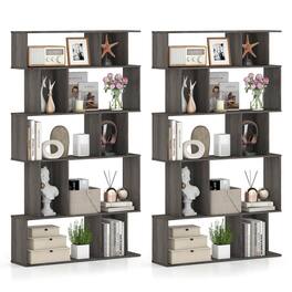 Costway - 2 PCS 5-Tier Geometric Bookshelf with Open Shelves Closed-back Cubes for Living Room - Gray Oak