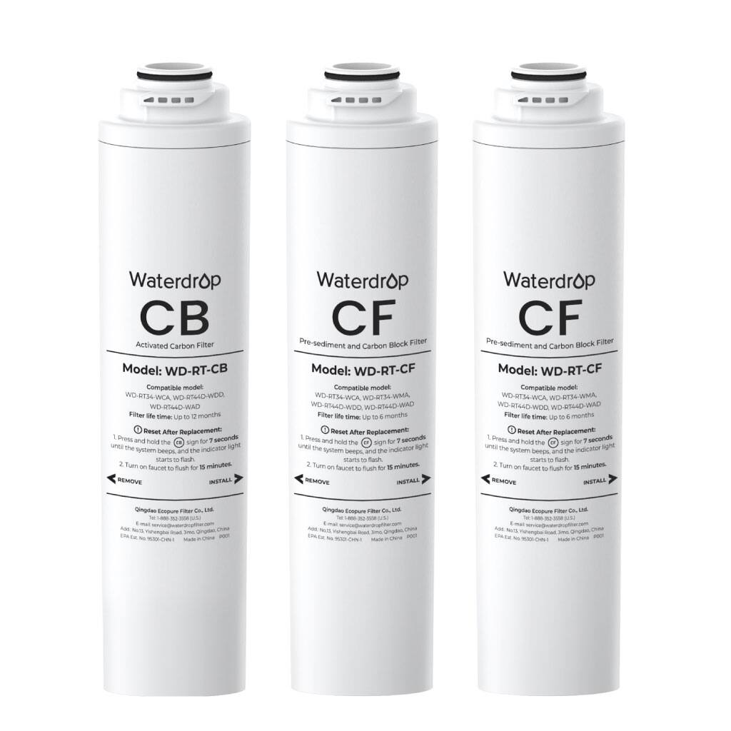**Waterdrop CB Activated Carbon Filter**

Model: WD-RT-CB  
Compatible model: WD-RT34-WCA, WD-RT44D-WDD, WD-RT44D-WAD  
Filter life time: Up to 2 months  

Reset After Replacement:  
1. Press and hold the sign for 7 seconds until the system beeps, and the indicator light starts to flash.  
2. Turn on the faucet to flush for 15 minutes.  

**Waterdrop CF Pre-sediment Carbon Block Filter**

Model: WD-RT-CF  
Compatible model: WD-RTS6-WCA, WD-RT44D-WDD, WD-RT44D-WAD  
Filter life time: Up to 6 months  

Reset After Replacement:  
1. Press and hold the sign for 7 seconds until the system beeps, and the indicator light starts to flash.  
2. Turn on the faucet to flush for 15 minutes.  

**Waterdrop CF Pre-sediment Carbon Block Filter**

Model: WD-RT-CF  
Compatible model: WD-RTS4-WCA, WD-RT44D-WDD, WD-RT44D-WAD  
