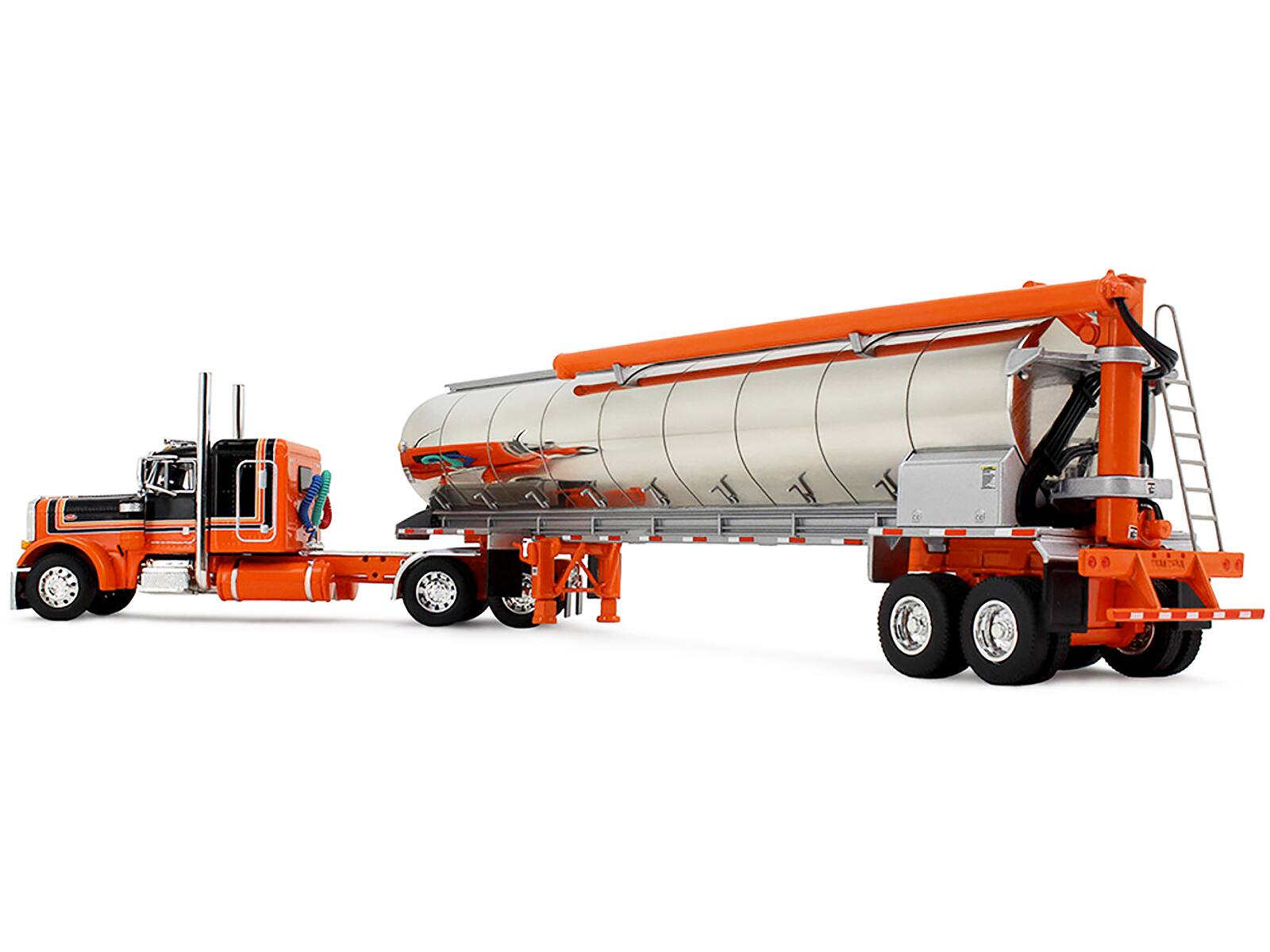 Left. First Gear - Peterbilt 379 with 48" Flat Top Sleeper and Walinga Bulk Feed Trailer Orange and Black with Stripes 1/64 - Multi.