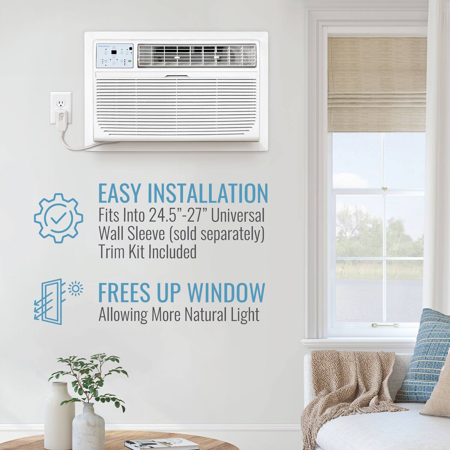 The text on the image reads: "Easy Installation Fits into 24.5"-27" Universal Wall Sleeve (sold separately) Trim Kit Included Frees Up Window Allowing More Natural Light."