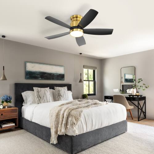 Alt View 1. LUCKY ONE - 42" Flush Mount Ceiling Fan with Light Remote 5 ABS Blades DC Motor - Gold.