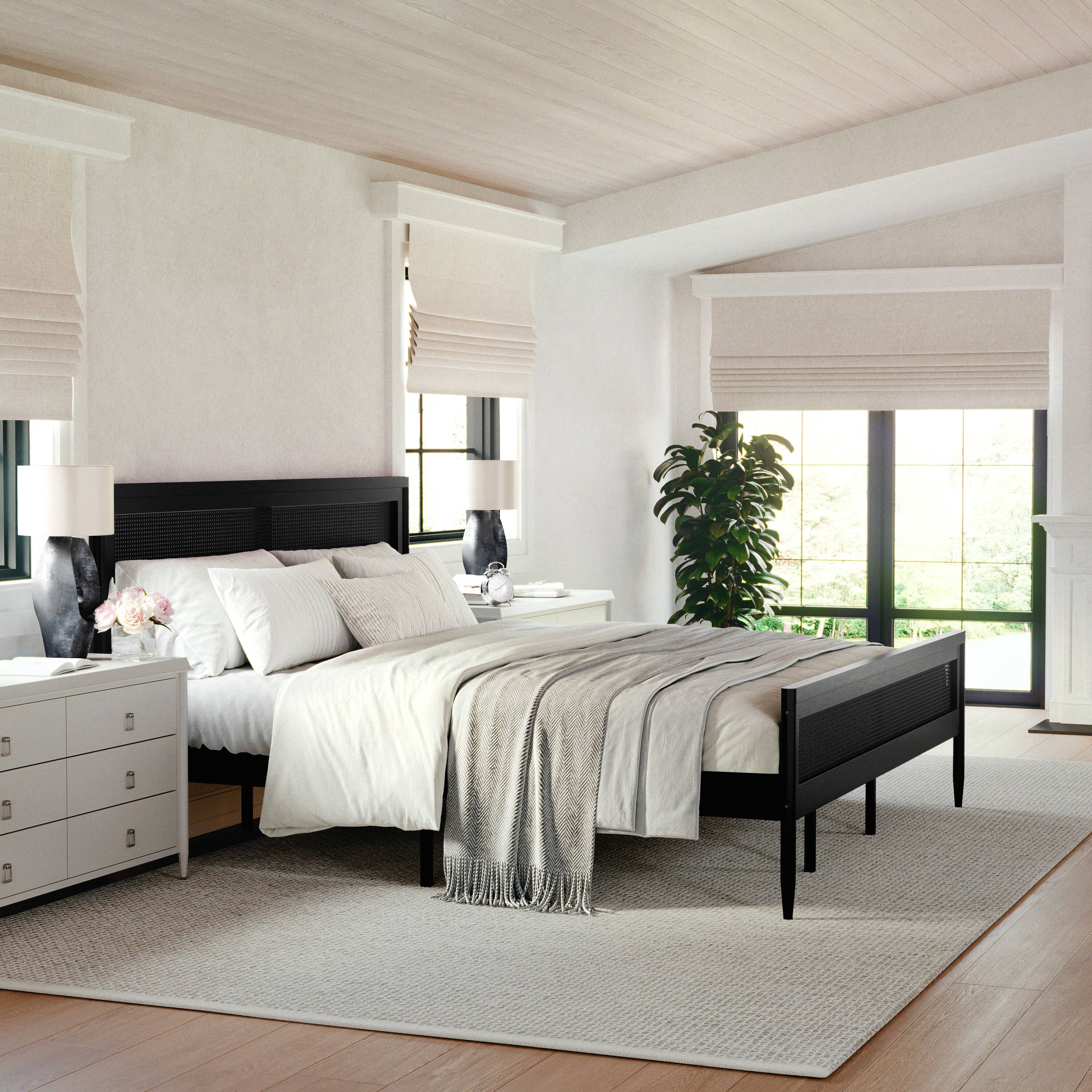 Martha Stewart Jax Wooden King Platform Bed with Rattan Inset Headboard ...
