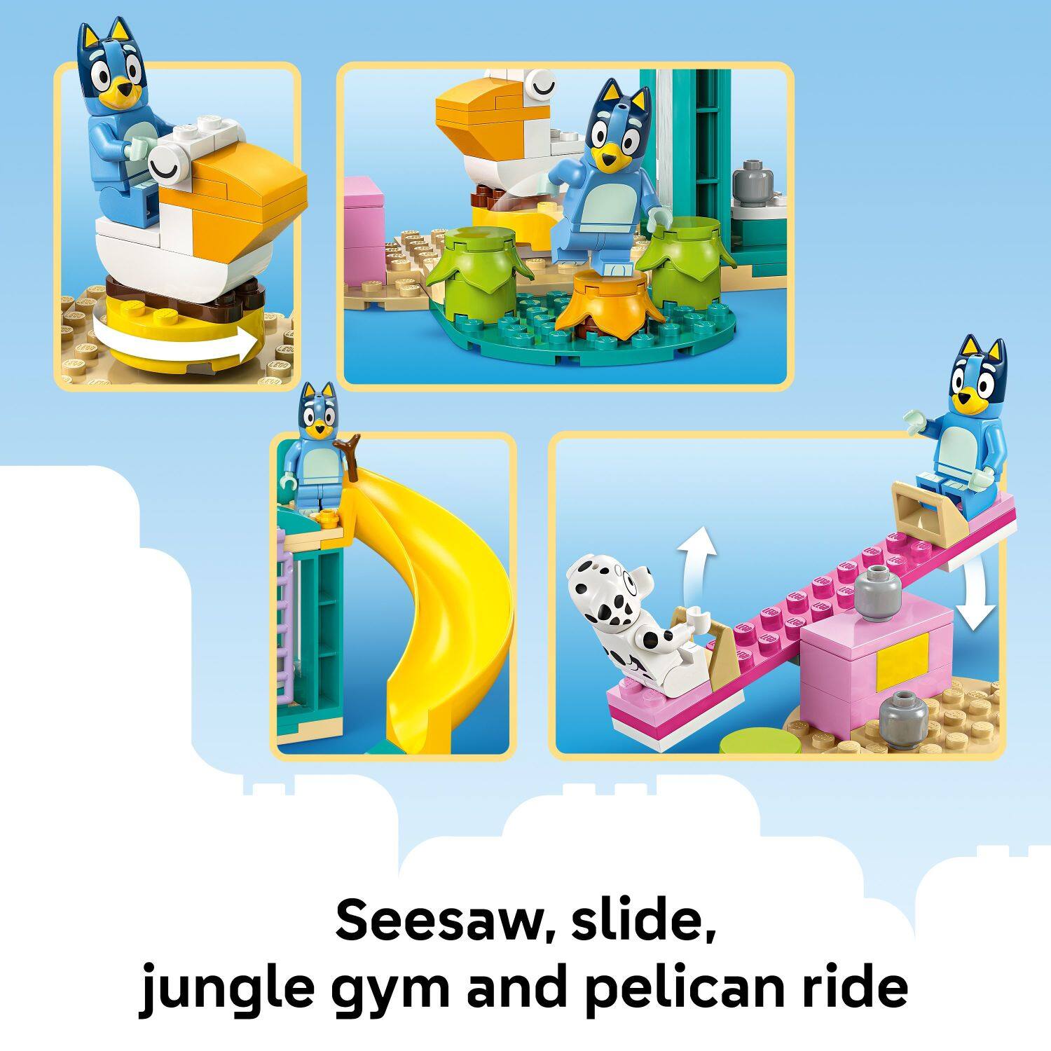 Seesaw, slide, jungle gym and pelican ride.
