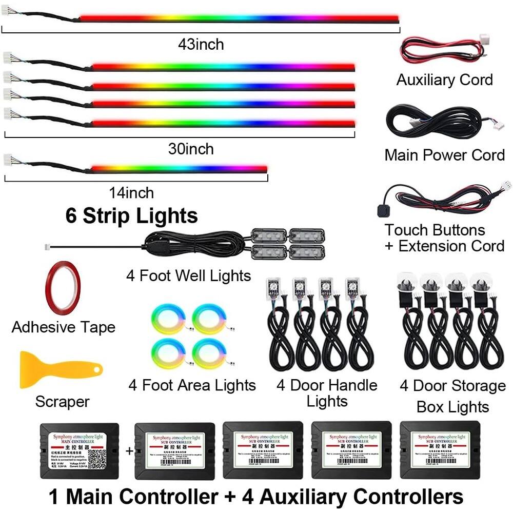 - 43 inch Auxiliary Cord
- 30 inch Main Power Cord
- 14 inch 6 Strip Lights
- Touch Buttons + Extension Cord
- 4 Foot Well Lights
- Adhesive Tape
- Scraper
- 4 Foot Area Lights
- 4 Door Handle Lights
- 4 Door Storage Box Lights
- 1 Main Controller + 4 Auxiliary Controllers