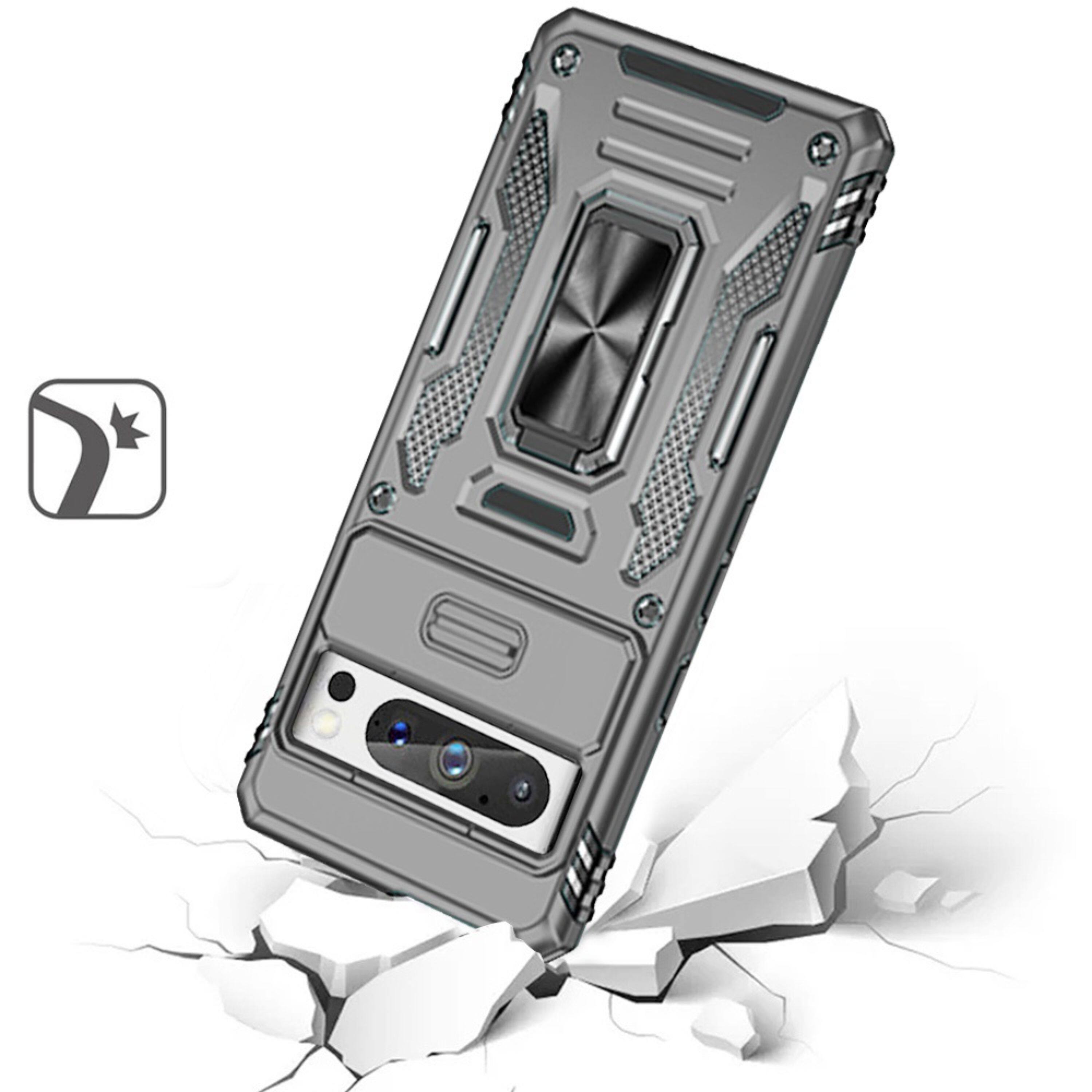 Left. Kitcheniva - Sliding Lens Cover Shockproof Ringstand Case For Google Pixel 9 & Google Pixel 9 Pro Gray - Gray.