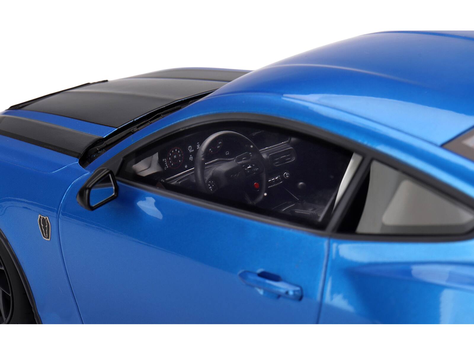 Angle. Top Speed - 2024 Ford Mustang Dark Horse Grabber Blue Metallic with Black Hood Stripes 1/18 Model Car by Top Speed - Blue Metallic with Black.