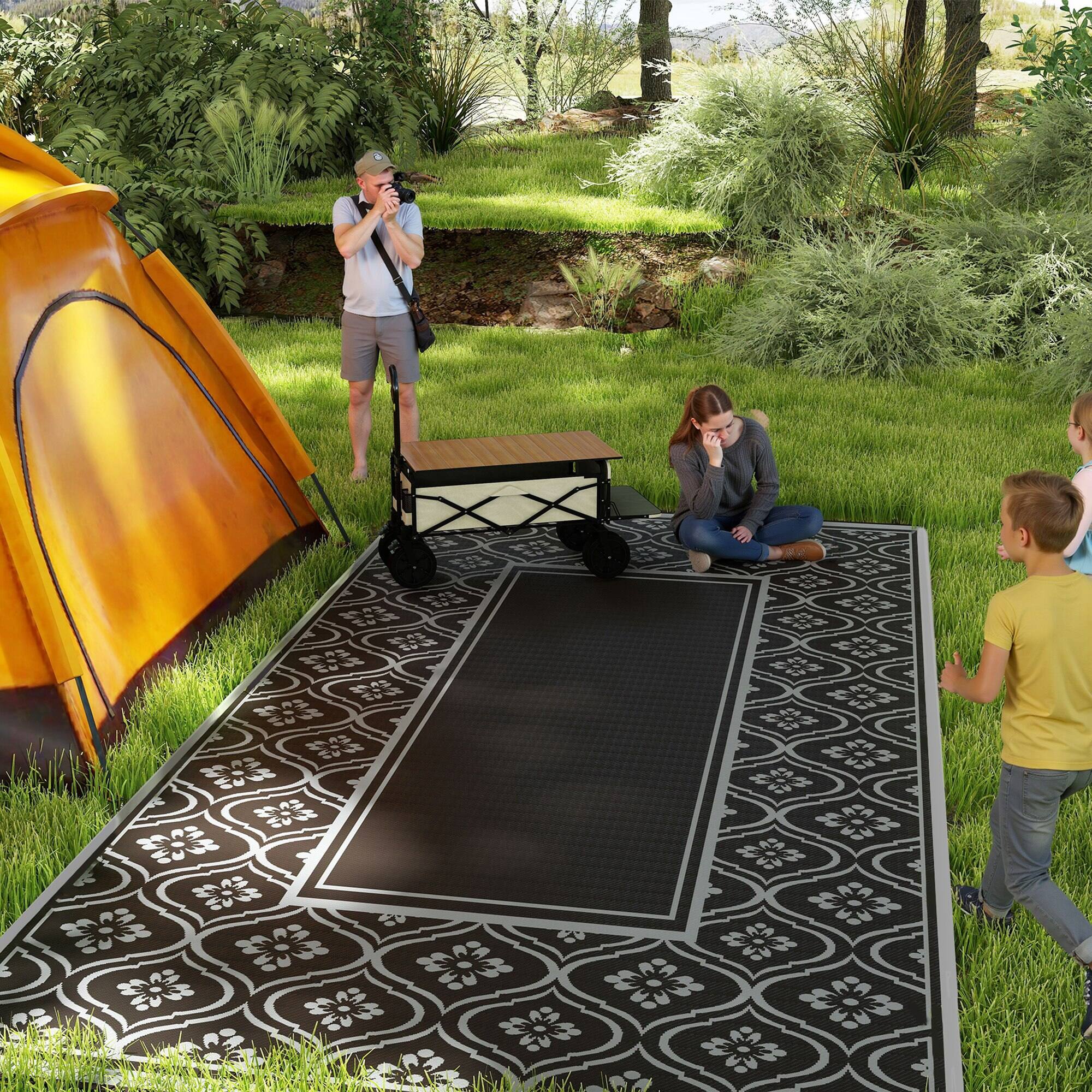 Alt View 1. Outsunny - Outdoor Rug for Patio, 9' x 18' Waterproof Large Mat, Reversible Plastic Straw Rug for Décor - Black and Gray Gourd Border.