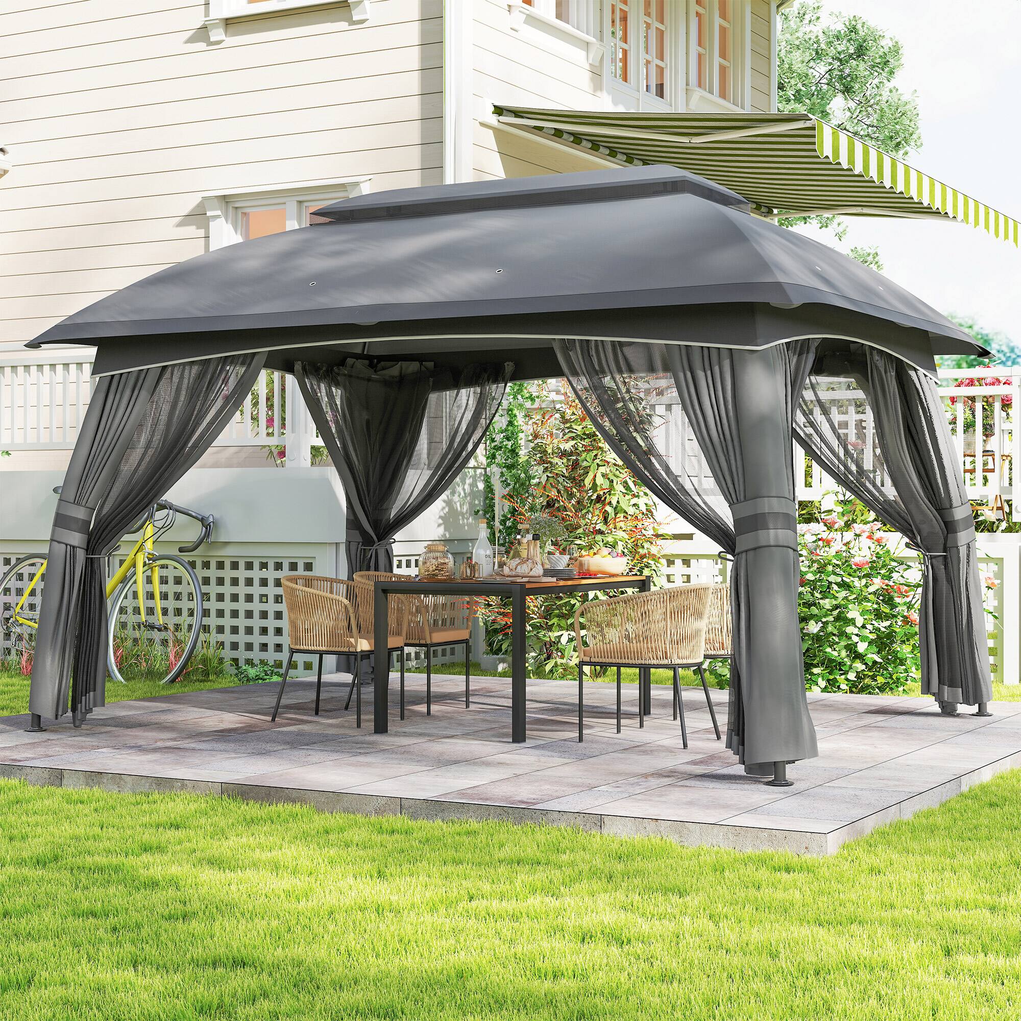 Alt View 5. Outsunny - Patio Gazebo, Outdoor Gazebo Canopy Shelter with Netting, Vented Roof, Steel Frame for Garden, Lawn - Dark Gray.