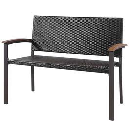 Costway - Outdoor Patio Rattan Wicker Bench Loveseat Chair Armrest Garden Deck - Brown